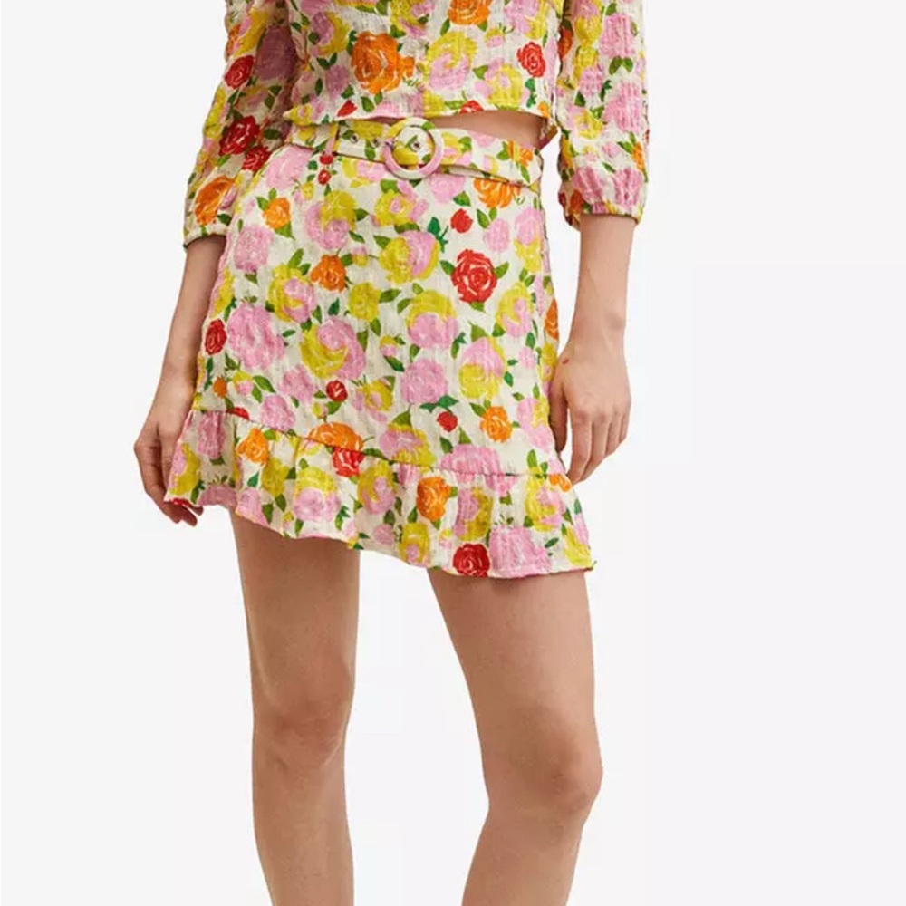 Mango Floral Mini Skirt with Belt - Pink, Orange, Yellow